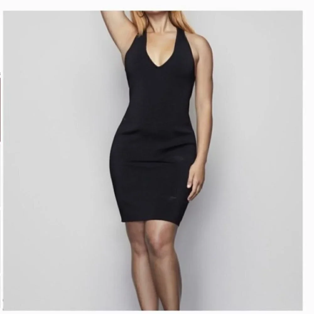 Good American Black Ribbed Sexy Bodycon V-neck Short Sleeve Dress Size 4 Xlarge